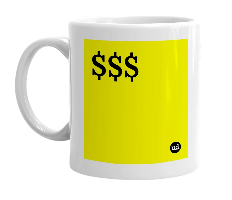 White mug with '$$$' in bold black letters