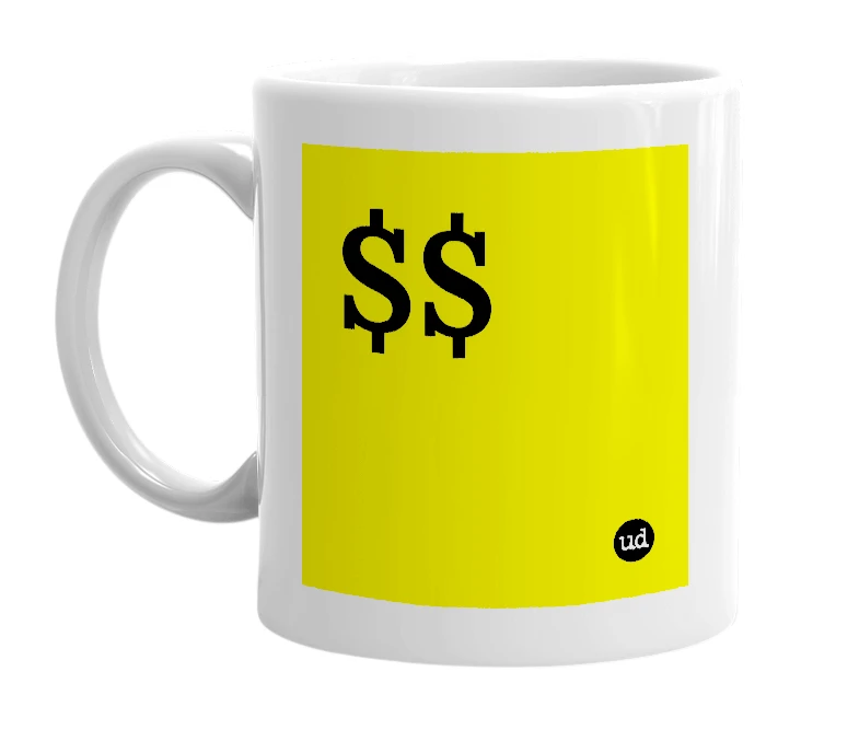 White mug with '$$' in bold black letters
