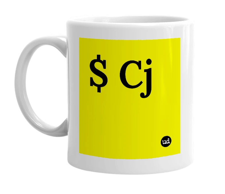 White mug with '$ Cj' in bold black letters