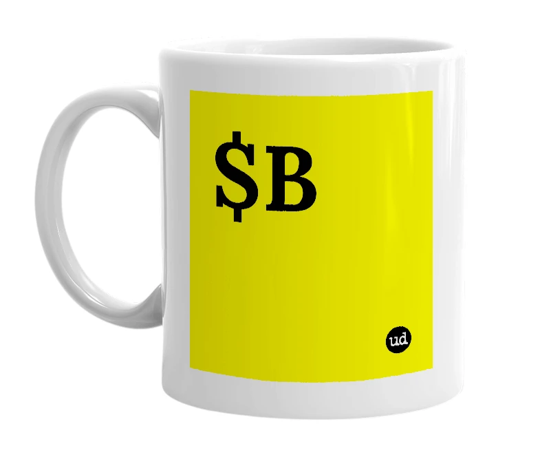 White mug with '$B' in bold black letters