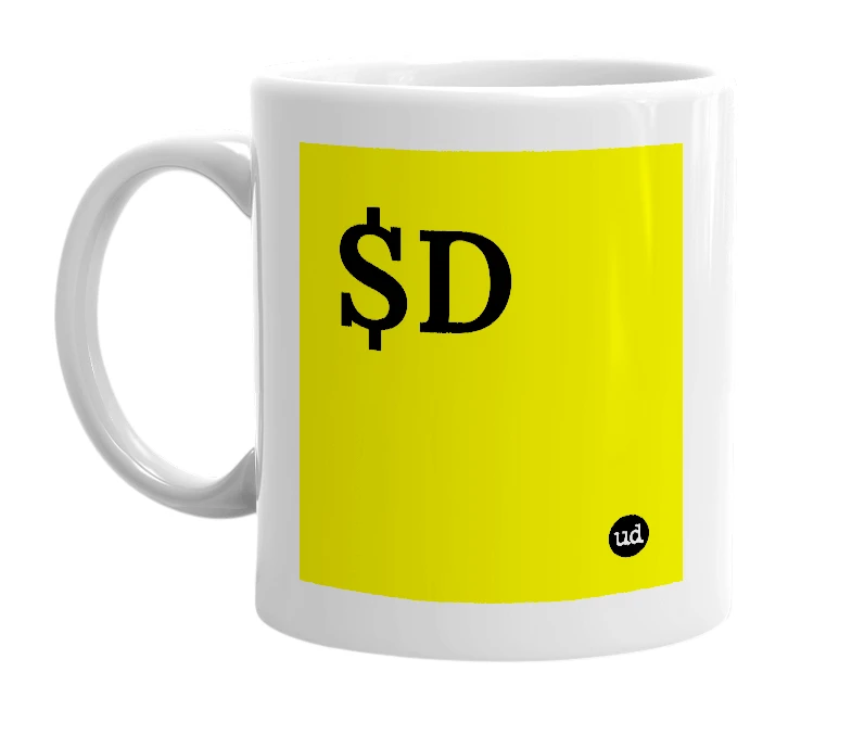 White mug with '$D' in bold black letters