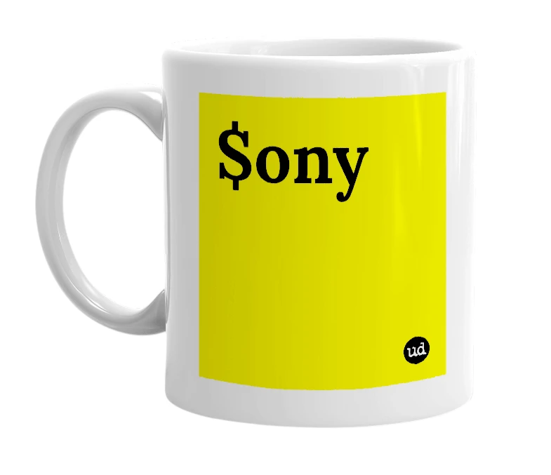 White mug with '$ony' in bold black letters