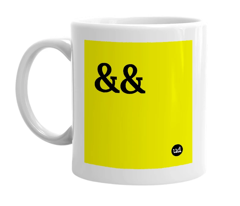 White mug with '&&' in bold black letters