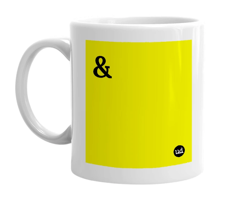 White mug with '&' in bold black letters