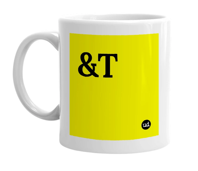 White mug with '&T' in bold black letters