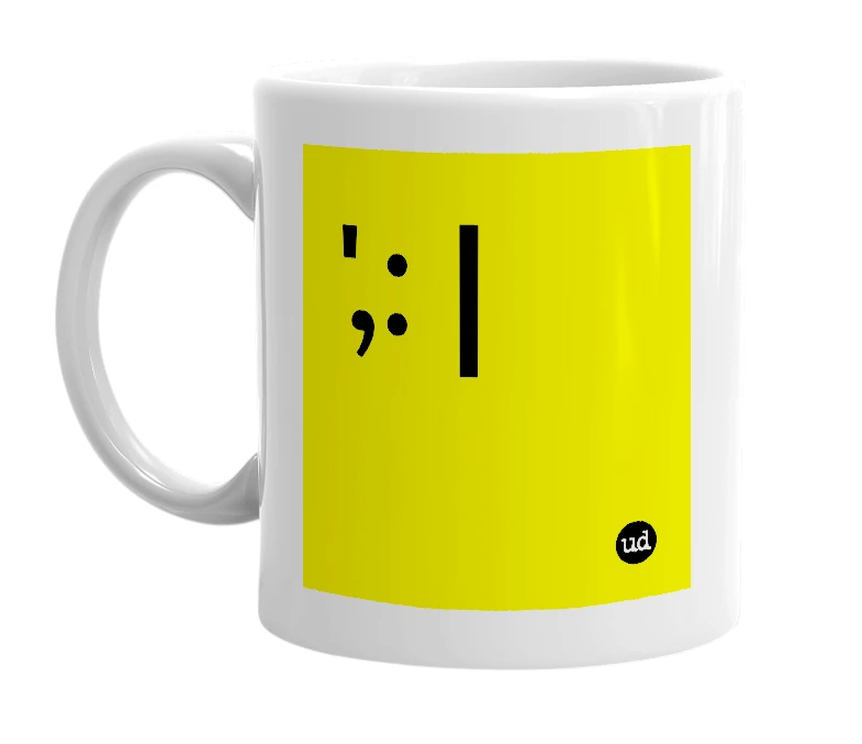 White mug with '',: |' in bold black letters