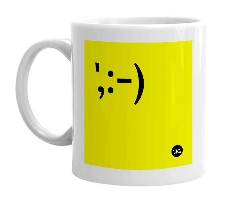 White mug with '',:-)' in bold black letters