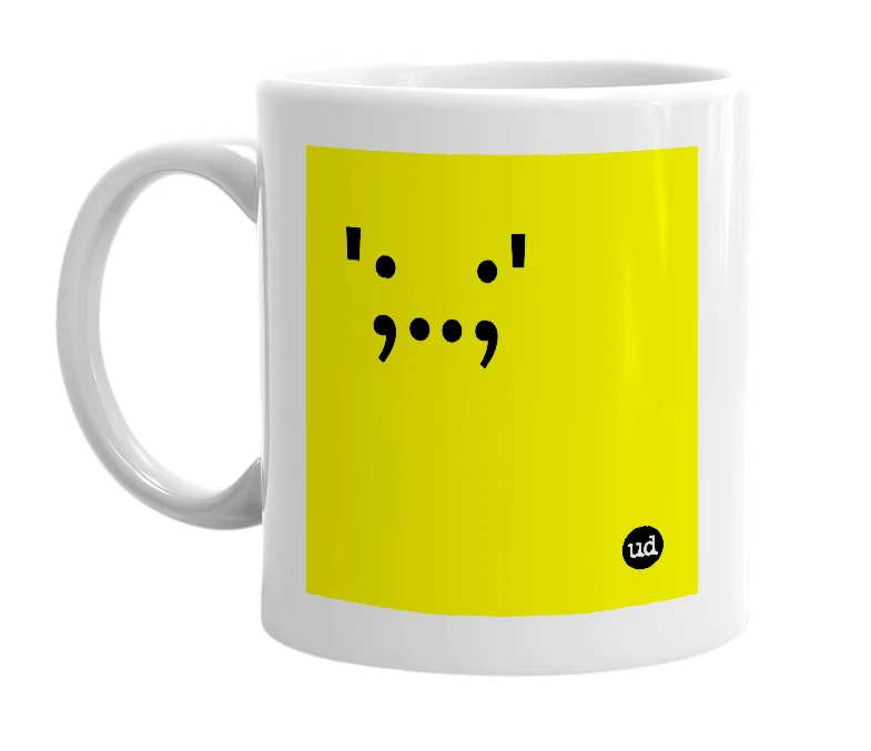 White mug with '';..;'' in bold black letters