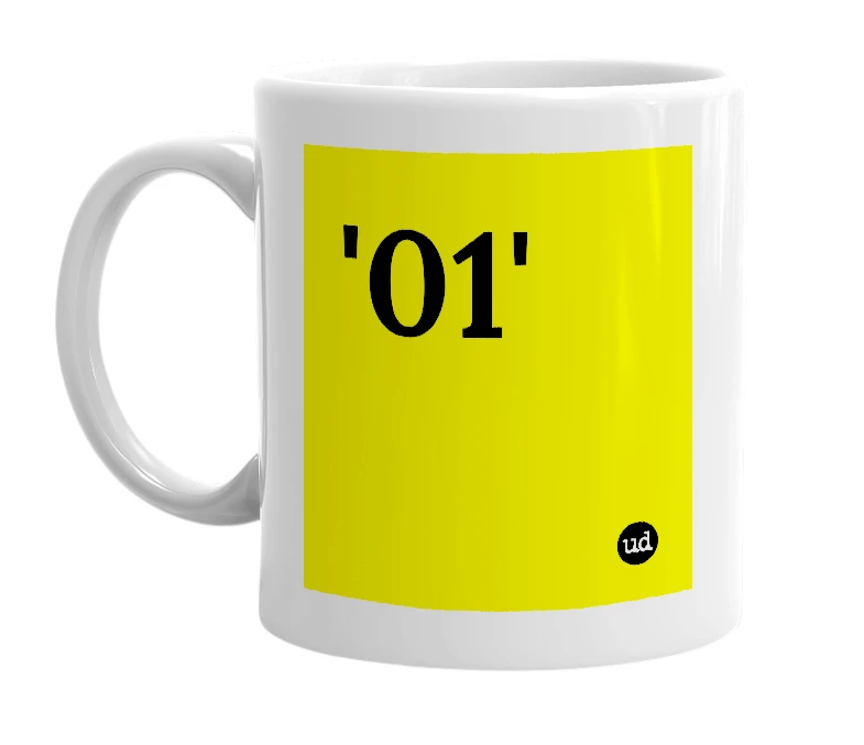 White mug with ''01'' in bold black letters