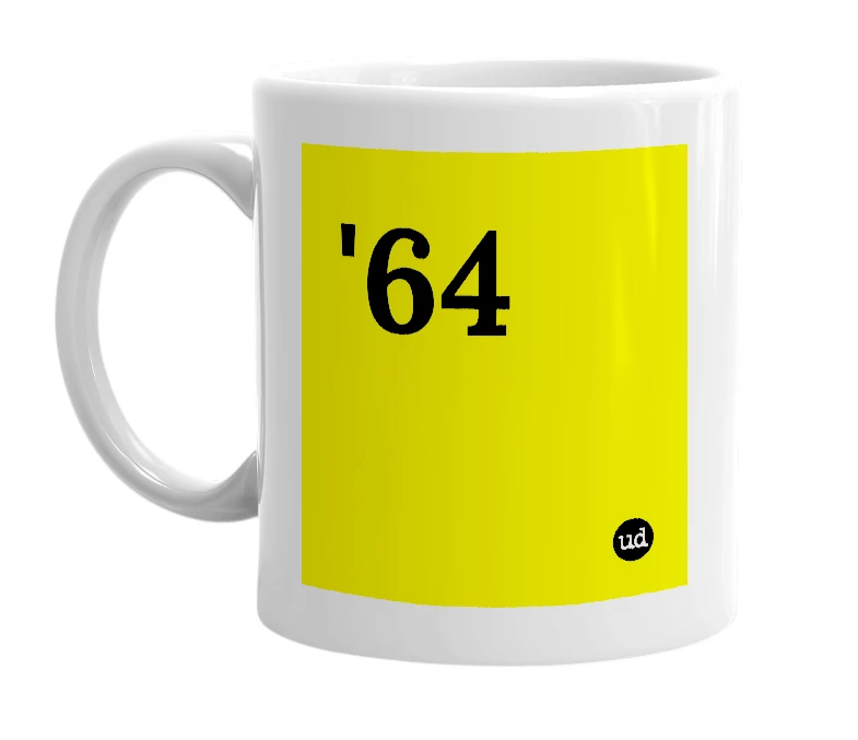 White mug with ''64' in bold black letters