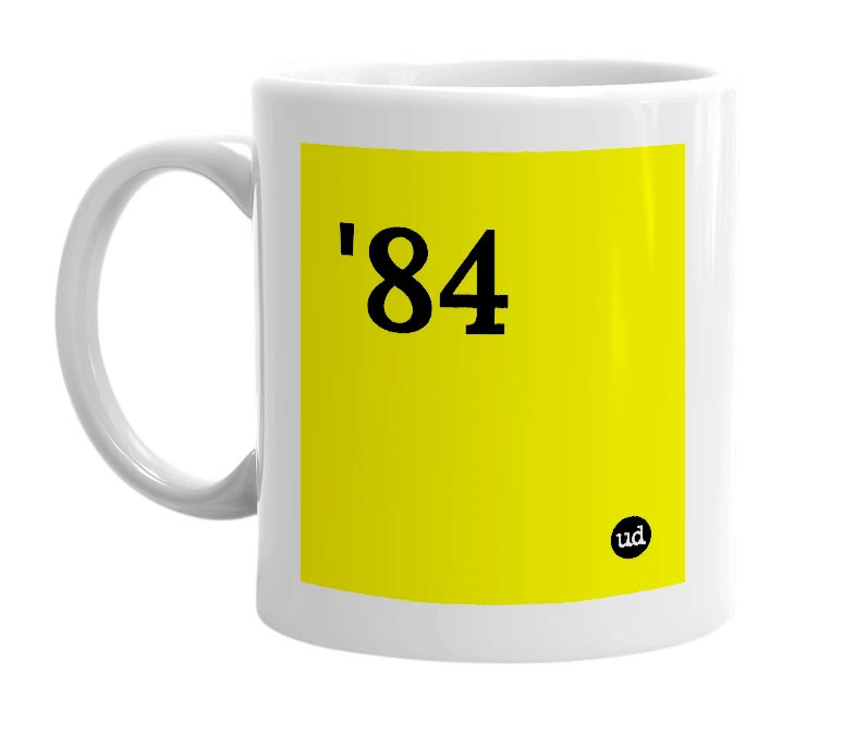 White mug with ''84' in bold black letters