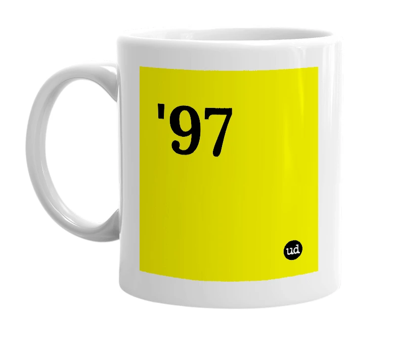 White mug with ''97' in bold black letters