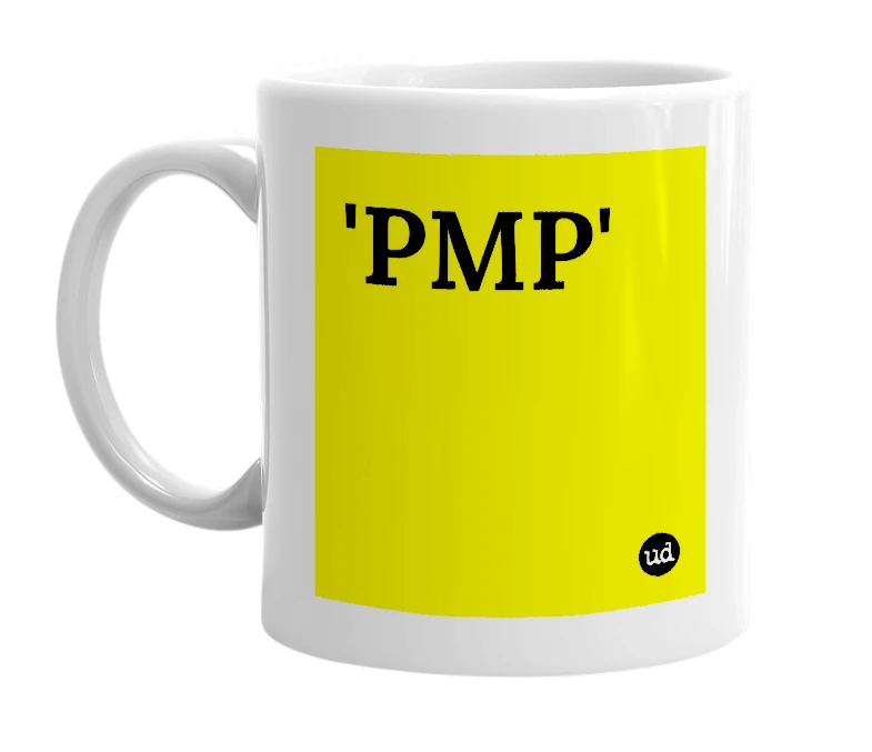 White mug with ''PMP'' in bold black letters