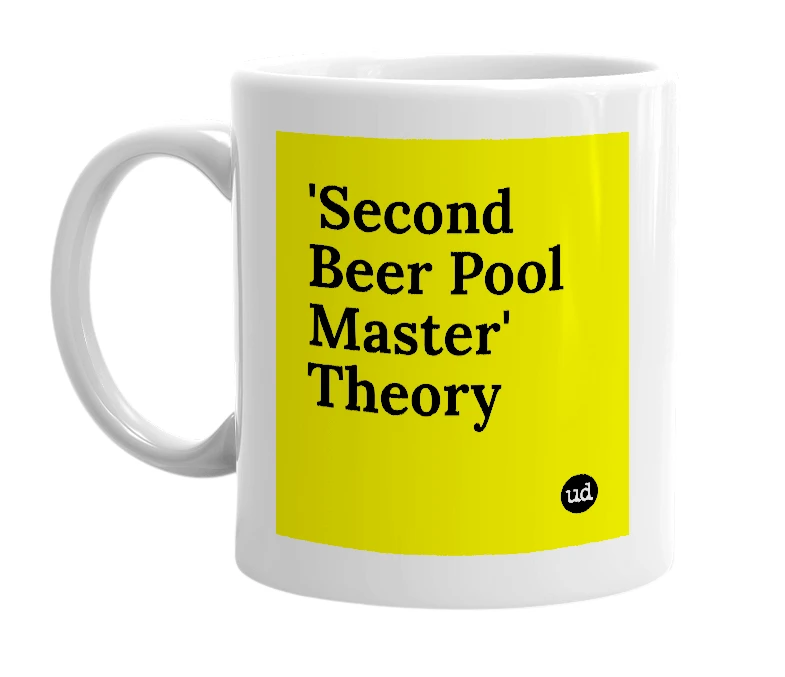 White mug with ''Second Beer Pool Master' Theory' in bold black letters