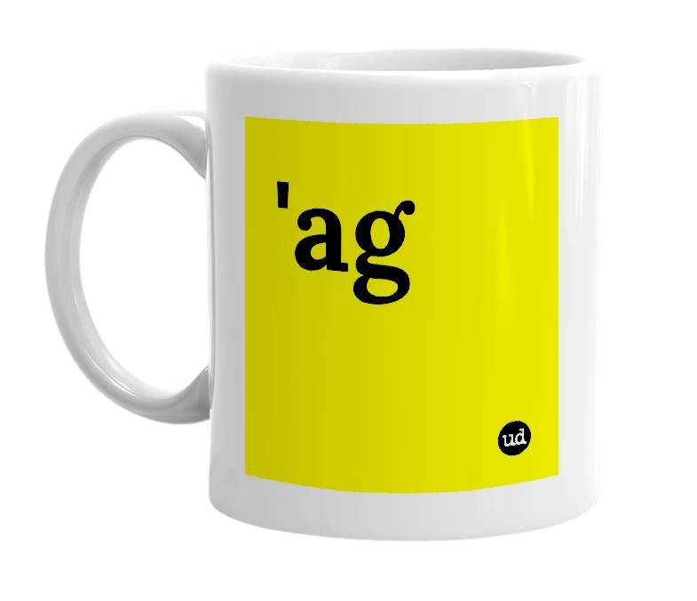 White mug with ''ag' in bold black letters