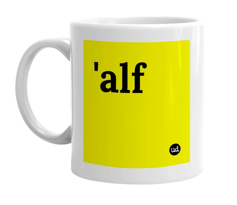 White mug with ''alf' in bold black letters