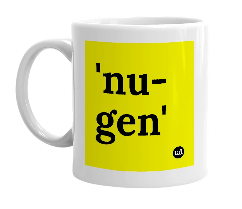 White mug with ''nu-gen'' in bold black letters