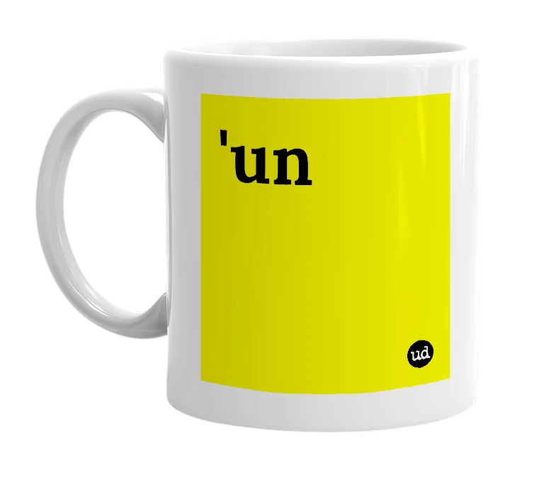 White mug with ''un' in bold black letters