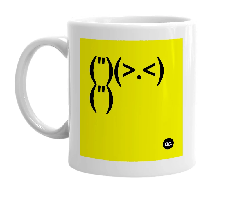 White mug with '(")(>.<)(")' in bold black letters