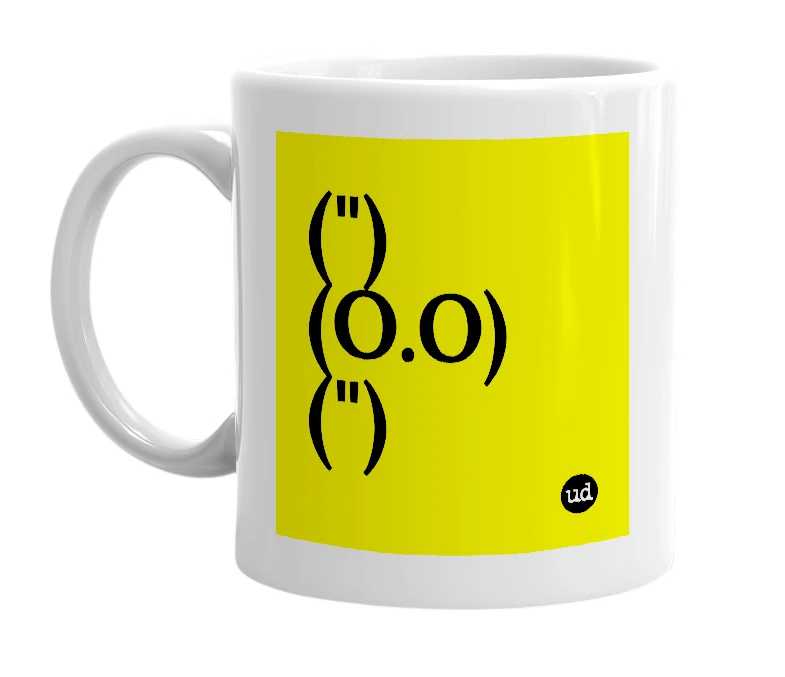 White mug with '(")(O.O)(")' in bold black letters