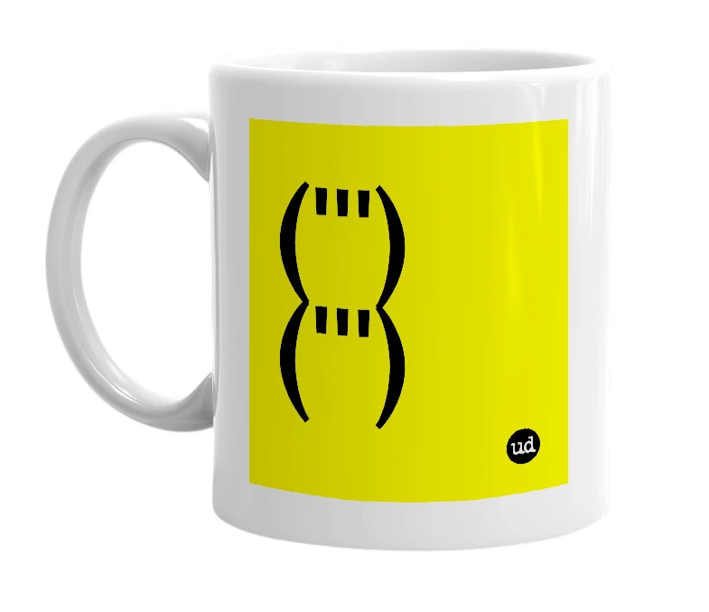 White mug with '(''')(''')' in bold black letters