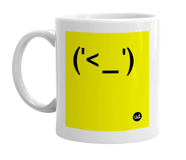 White mug with '('<_')' in bold black letters