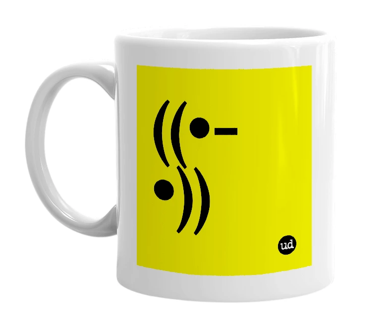 White mug with '((•-•))' in bold black letters