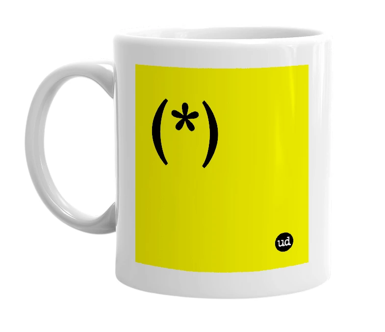 White mug with '(*)' in bold black letters