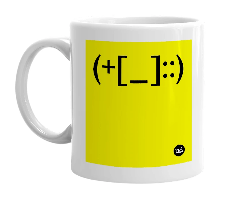 White mug with '(+[_]::)' in bold black letters
