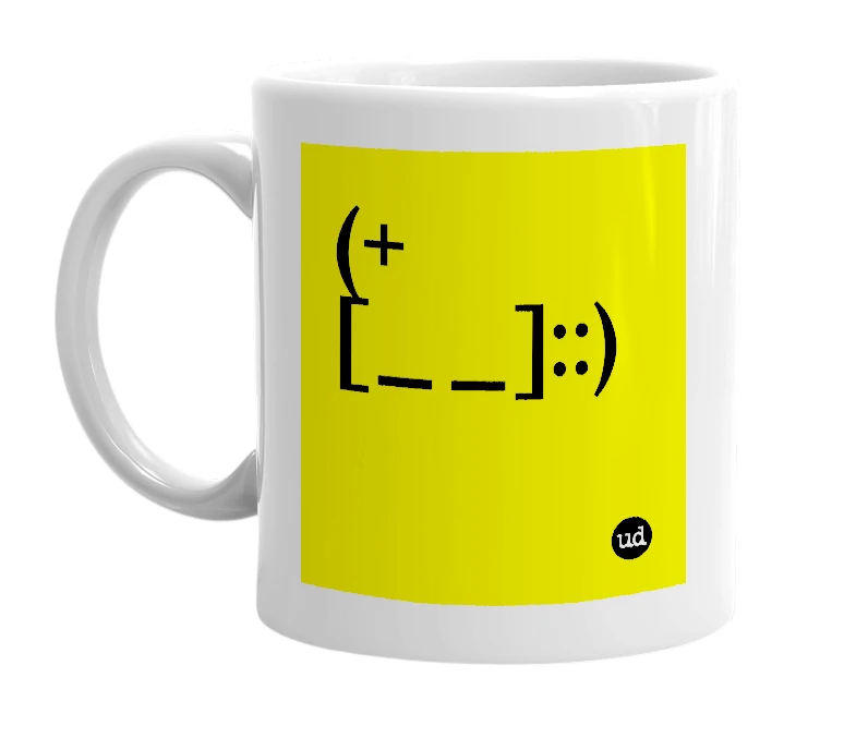 White mug with '(+[__]::)' in bold black letters