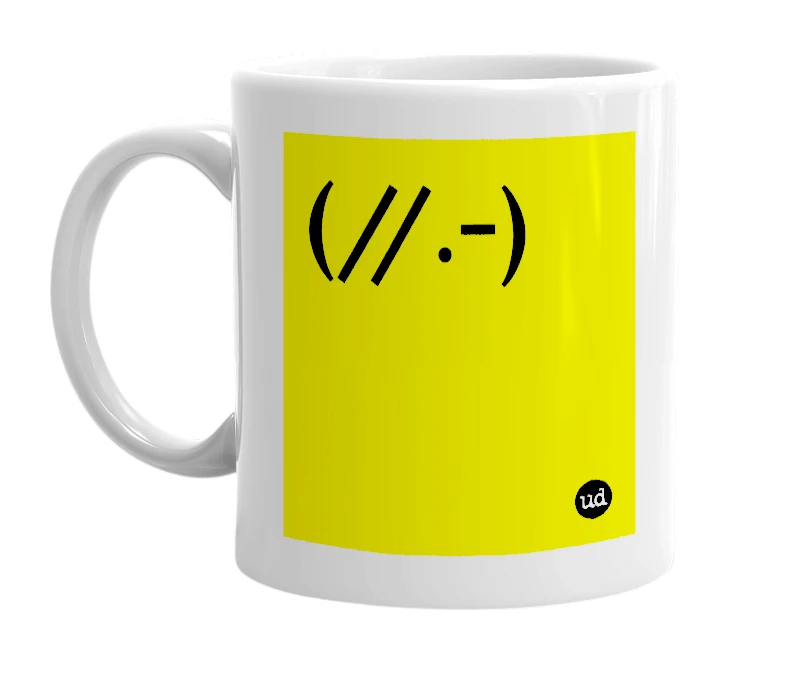 White mug with '(//.-)' in bold black letters