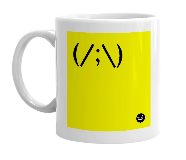 White mug with '(/;\)' in bold black letters