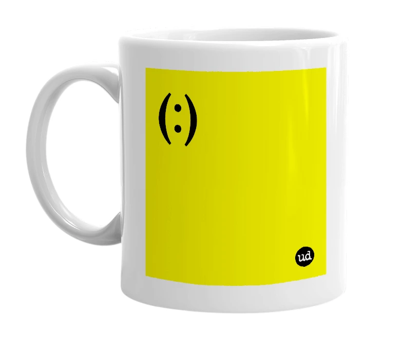 White mug with '(:)' in bold black letters