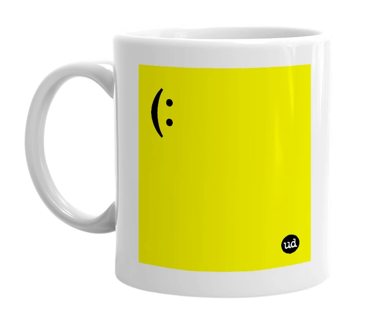 White mug with '(:' in bold black letters