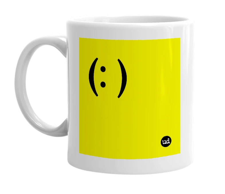 White mug with '(: )' in bold black letters