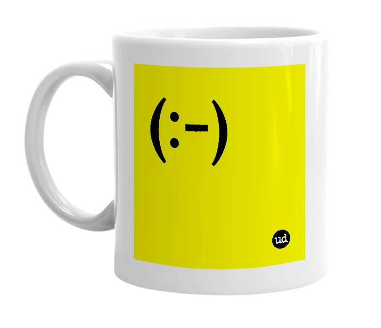 White mug with '(:-)' in bold black letters