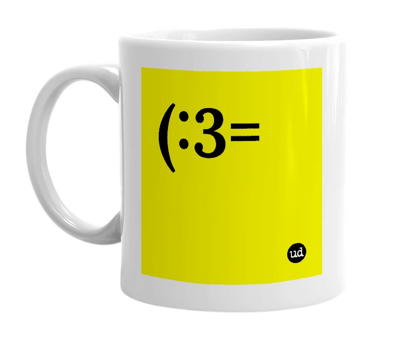 White mug with '(:3=' in bold black letters