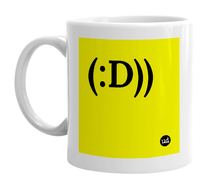 White mug with '(:D))' in bold black letters