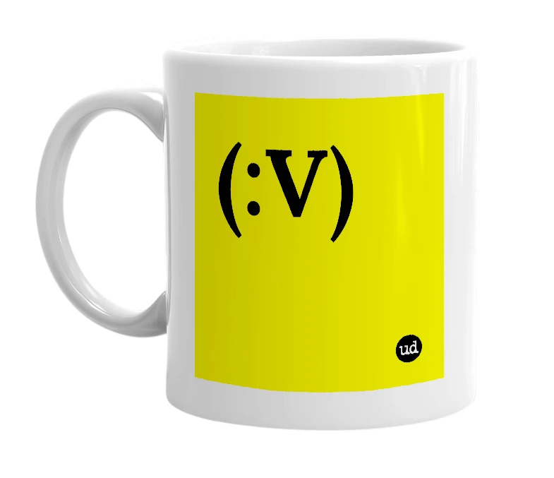 White mug with '(:V)' in bold black letters