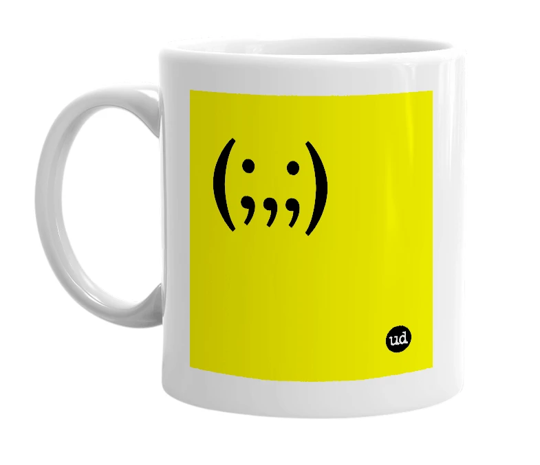 White mug with '(;,;)' in bold black letters