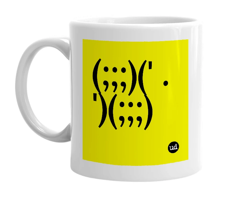White mug with '(;;;)(' . ')(;;;)' in bold black letters