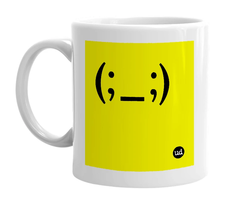 White mug with '(;_;)' in bold black letters