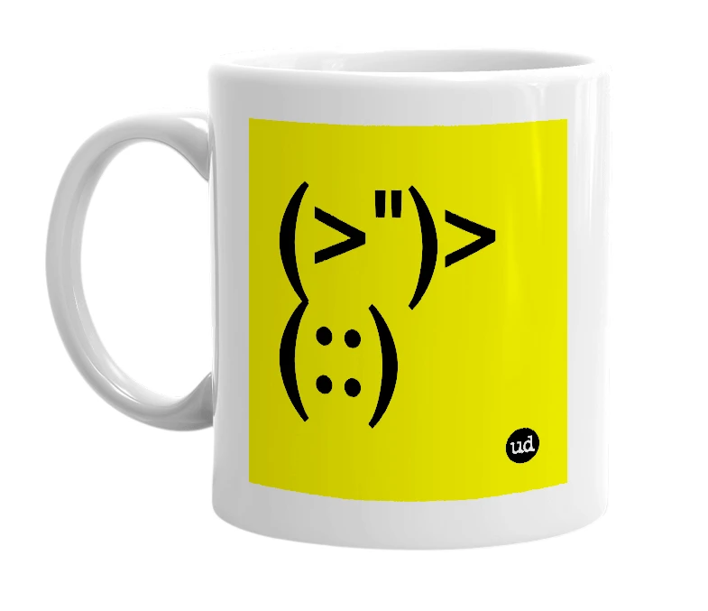 White mug with '(>")> (::)' in bold black letters