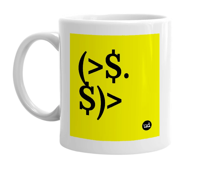 White mug with '(>$.$)>' in bold black letters