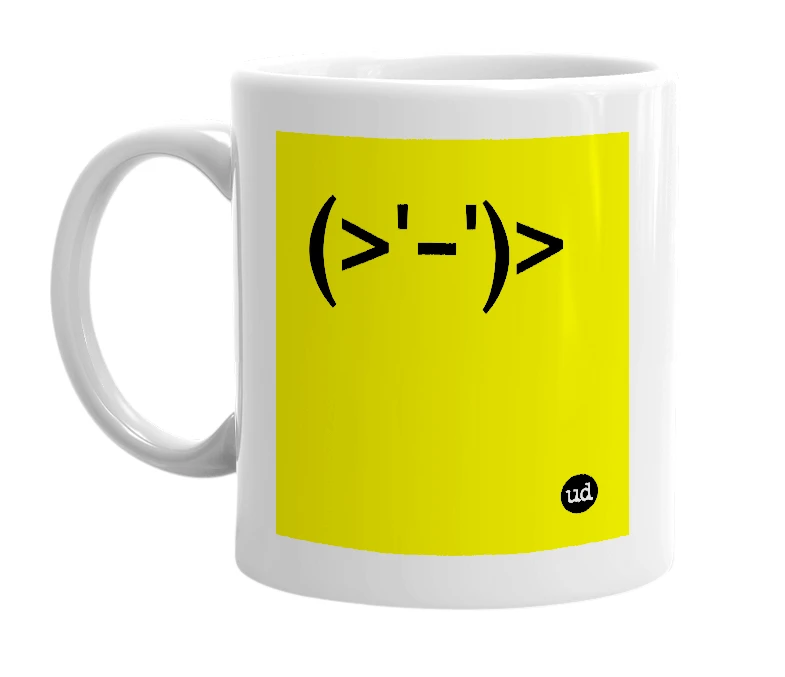 White mug with '(>'-')>' in bold black letters