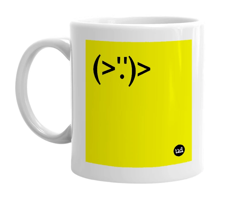 White mug with '(>'.')>' in bold black letters
