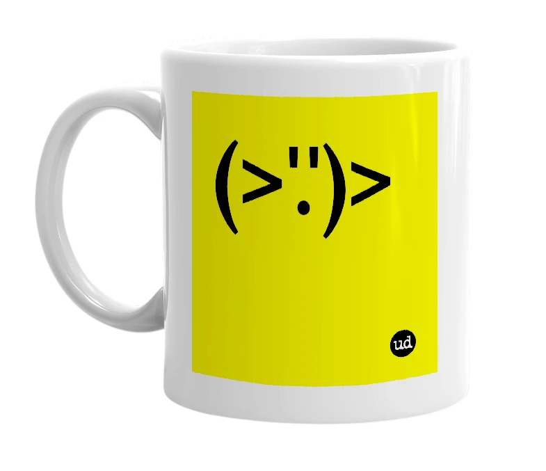 White mug with '(>'.')>' in bold black letters
