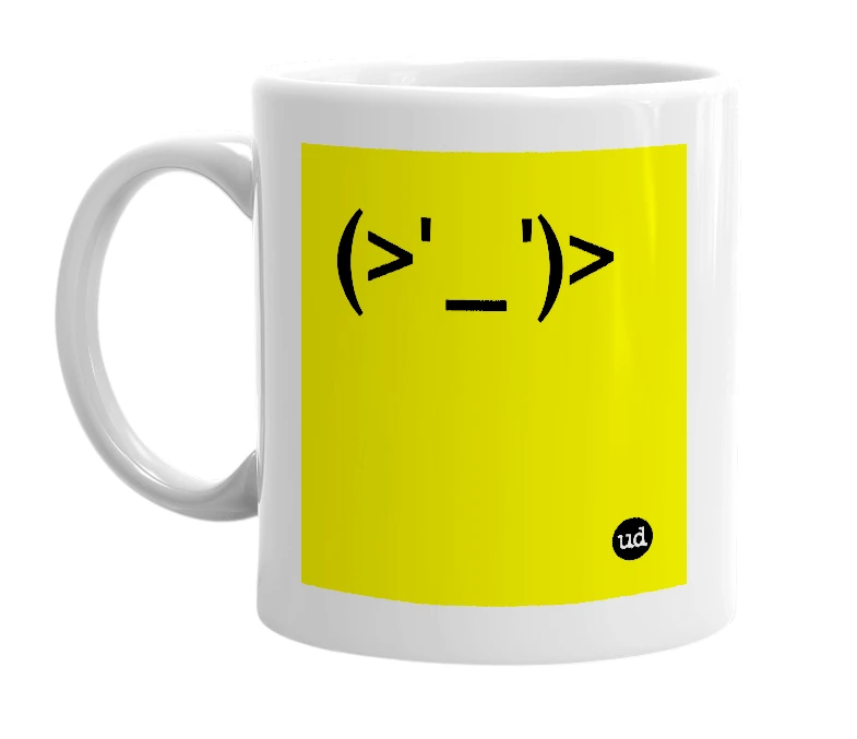 White mug with '(>'_')>' in bold black letters