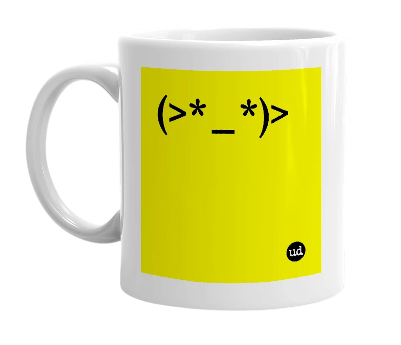 White mug with '(>*_*)>' in bold black letters