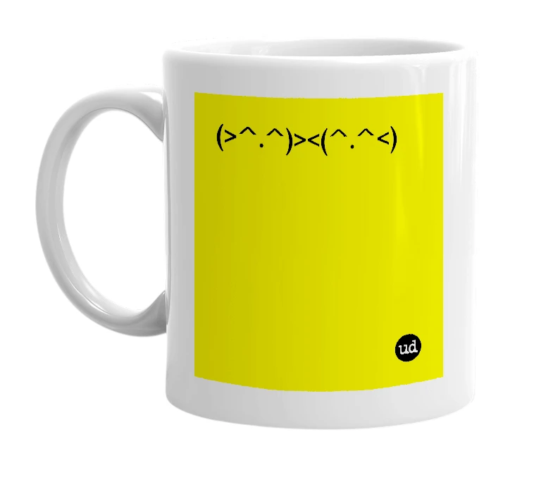 White mug with '(>^.^)><(^.^<)' in bold black letters